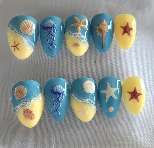 Création Nail Art ongles courts ) Bord de Mer : Océan & Plage