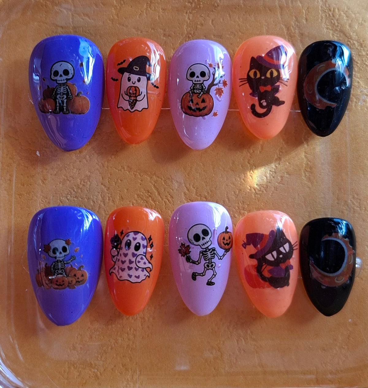 CRéation Court Nail Art Halloween Kawaii Pastel — Squelette, Fantôme Cœur, Chat Sorcier & Lune
