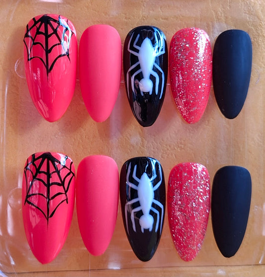 Création Nail Art Araignée 3D — Rose Orangé, Noir Laqué & Glitter