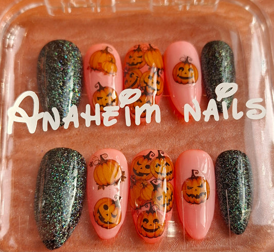 Création Nail Art Halloween Citrouilles  — Orange Poudré & Glitter Bleu Nuit