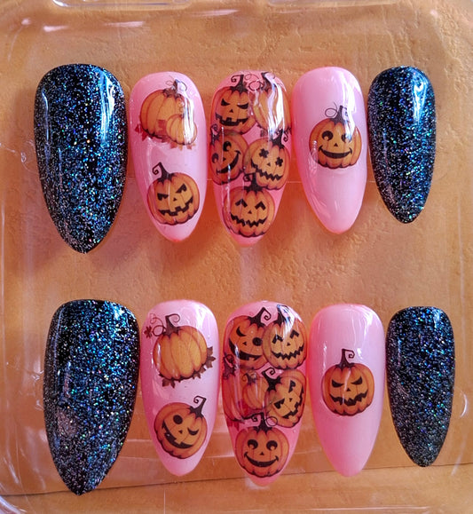 Création Nail Art Halloween Citrouilles  — Orange Poudré & Glitter Bleu Nuit