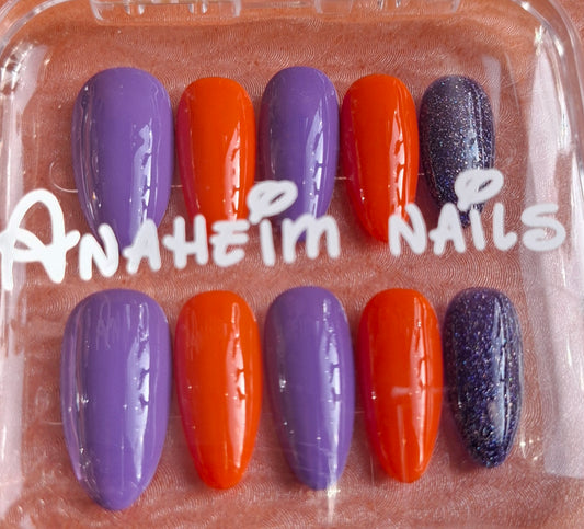 Création Nail Art Halloween Bicolore — Violet Électrique, Orange Brûlé & Glitter mauve nuit