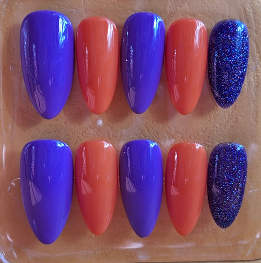Création Nail Art Halloween Bicolore — Violet Électrique, Orange Brûlé & Glitter mauve nuit