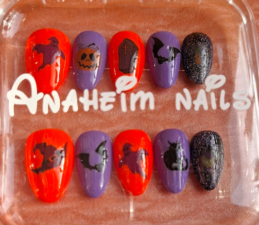 Création court Nail Art Halloween Icônes — Fantôme, Cercueil, Sorcière & Chat Noir